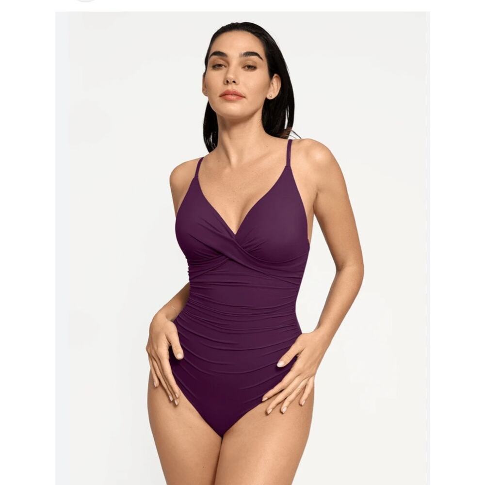 Popilush Plum Ruched Cross Front Sculpting One Piece Swimsuit XL
